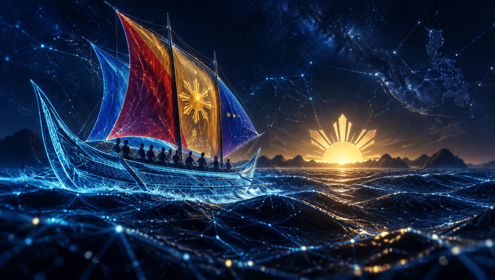 Futuristic balangay sailing a digital ocean toward a Philippine sunrise